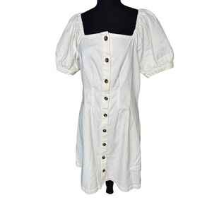 New! Who What Wear Sz M White Denim Square Neck Puff Sleeve Short Dress